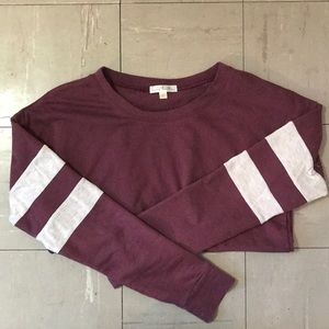 Burgundy rugby shirt with cream sleeve stripes